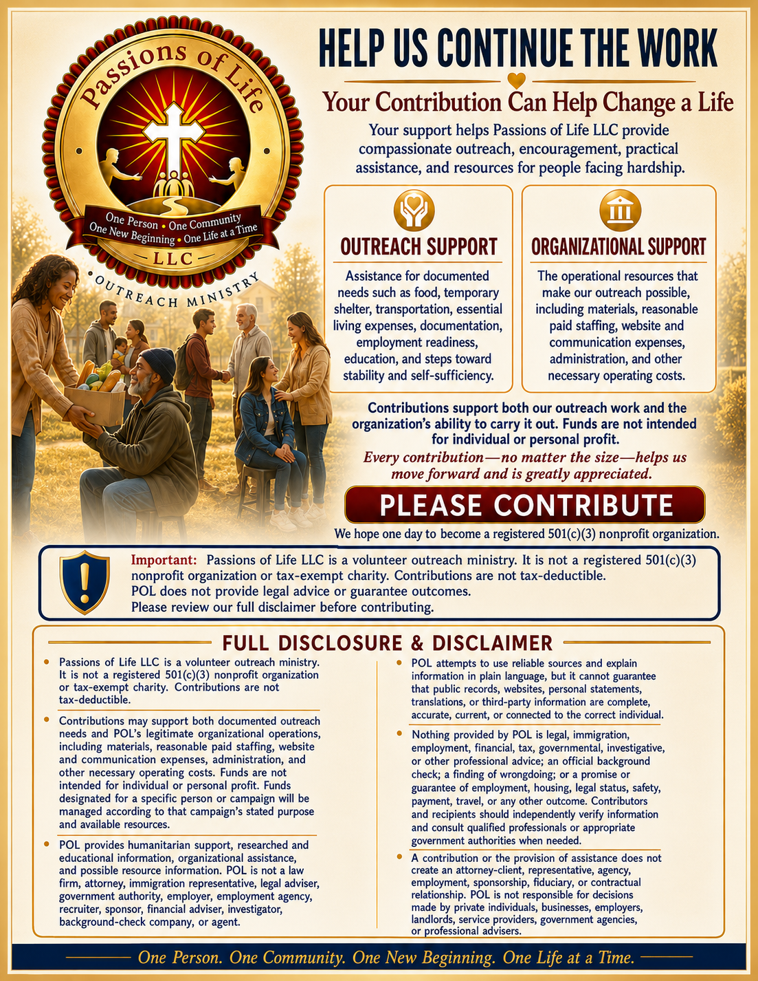 Passions of Life LLC — Request for Contributions flyer, August 2026